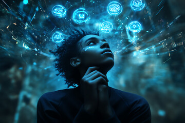 Futuristic concept with digital symbols and thoughtful person.