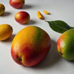 A plump, ripe mango with a reddish blush and yellow skin, lying on a wooden cutting board with detailed texture and lighting.


