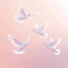 Fototapeta premium Four white doves flying in soft pastel background 