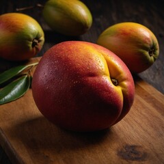 A plump, ripe mango with a reddish blush and yellow skin, lying on a wooden cutting board with detailed texture and lighting.


