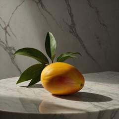 A plump, ripe mango with a reddish blush and yellow skin, lying on a wooden cutting board with detailed texture and lighting.


