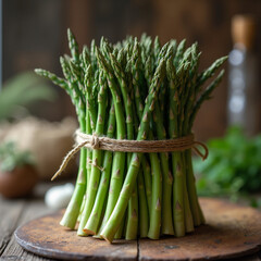 Fresh Green Asparagus Bundle on Rustic Wood with Copy Space