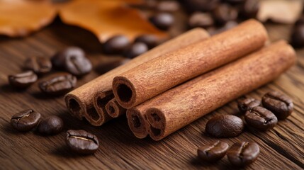 Coffee beans and cinnamon sticks arranged on a wooden surface showcasing rich textures and earthy tones