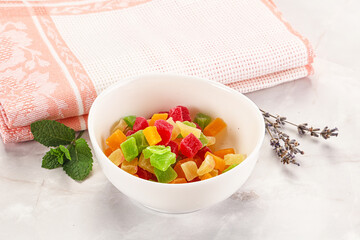 Sweet candied papaya colorful pieses