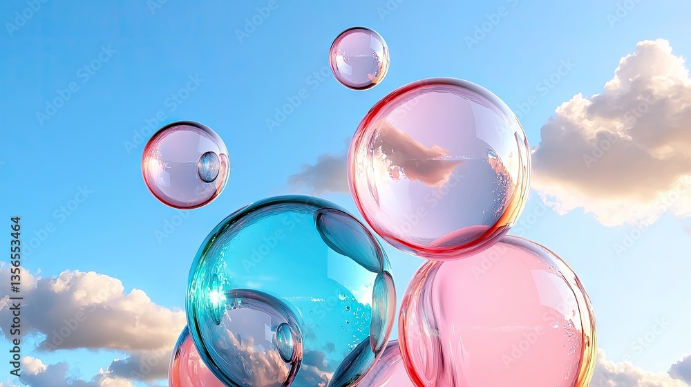 Poster a mesmerizing abstract of floating pastel bubbles in a soft pink and blue gradient.