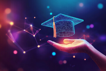 Hand holding digital graduation cap with futuristic background.