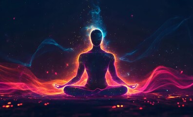 Meditating person silhouette with bright colorful energy and particles flowing around, creating a mystical and spiritual atmosphere