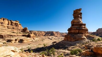 Fototapeta premium A rocky desert landscape featuring a prominent rock formation under a clear blue sky. Concept Rocky Desert Landscape, Prominent Rock Formation, Clear Blue Sky, Natural Beauty, Outdoor Photography