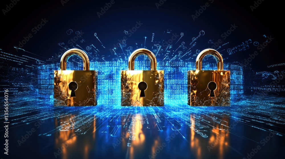 Poster a modern security technology concept featuring a blue digital matrix with encrypted data.