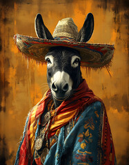 A donkey wears a colorful sombrero and poncho, embodying Cinco De Mayo spirit and tradition