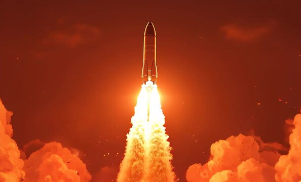 Powerful rocket launching at night surrounded by clouds and stars, creating a dramatic and inspiring scene