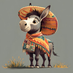 A festive donkey wears a sombrero and colorful scarf, embodying Cinco de Mayo spirit