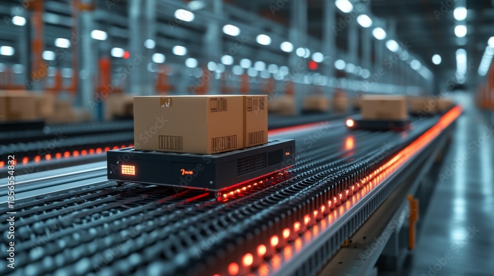 Poster an automated system transports cardboard boxes on conveyor belts equipped with led lights in a spaci
