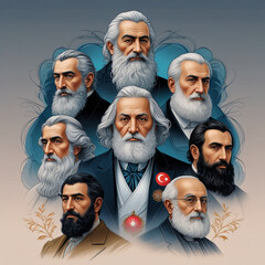 Placeholder
The digital artwork features several similar looking men with white hair and beards, centered around one man in the foreground with Turkish flag emblems. Given the context of Adobe Stock, 