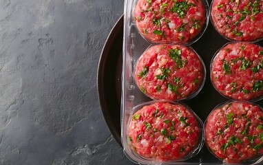 Raw Minced Beef Patties in Plastic Tray, Top View