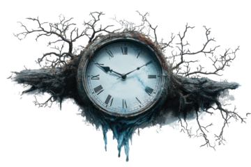Times Relentless March, A Frozen Moment Captured In An Antique Clock Overtaken By A Decaying, Gnarled Tree, Dripping With Icy Frost, Against A Stark Isolated on Transparent Background