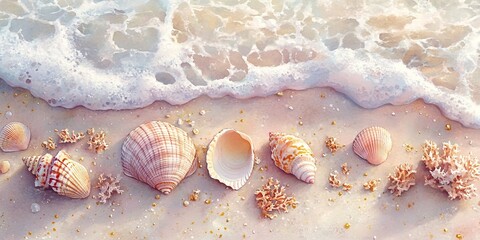 Watercolor seashells and coral on sandy beach with gentle waves