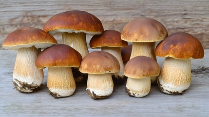 Group of Brown Porcini Mushrooms on Wooden Background