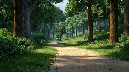Obraz premium A peaceful forest trail bathed in warm morning light, surrounded by towering green trees.