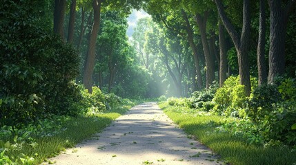 A peaceful forest trail bathed in warm morning light, surrounded by towering green trees.