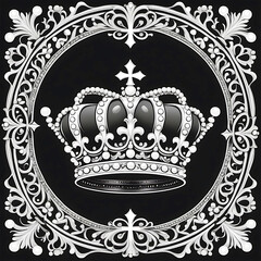 Abstract Black and white icon of a queens or kings crown include flowers frame around it, design and isolated against a black background symbolizing royalty and power in a minimalist logo format, 