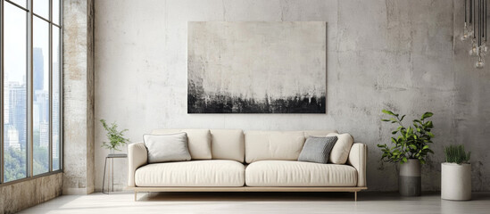 a contemporary sitting room with a soft cream couch, pale textured walls, and a subtle abstract art piece for contrast