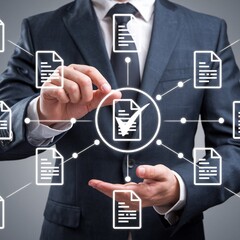 The business adheres to legal document management standards, using file icons and checkmarks to store documents on servers according to the law.