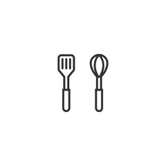 Kitchen utensils line icon featuring whisk and spatula illustration.