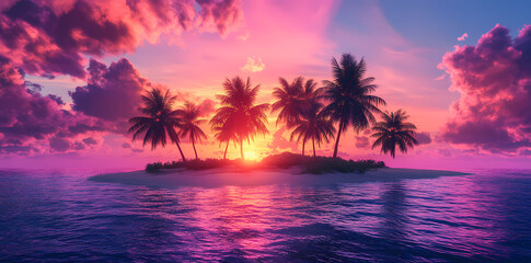 Island Sunset: A breathtaking sunset casts vibrant hues across an island paradise, painting the sky with shades of pink, purple, and orange.