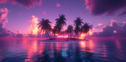 Tropical Paradise Sunset: A picturesque island scene with palm trees silhouetted against a vibrant sunset sky, with soft hues reflecting on the calm waters.