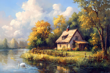 Fototapeta premium Picturesque Lakeside Cottage: A charming cottage, nestled beside a tranquil lake, exuding warmth and serenity under a radiant, cloudy sky. The image showcases a timeless scene.