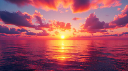 Fototapeta premium Purple, orange and yellow sky over the sea - Fantasy vibrant panoramic sunset sky - Gradient rich colors - ethereal dreamy summer sunset or sunrise sky. Uplifting and peaceful sky
