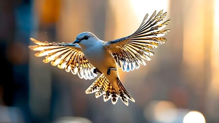 Fototapeta premium A bird with strikingly detailed wings, soaring in sunlight, showcasing vibrant colors and intricate feather patterns. Concept Bird Photography, Detailed Wing Patterns, Vibrant Colors