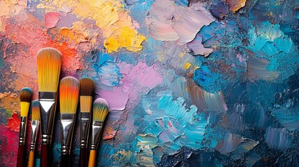 Fototapeta premium Colorful Collection of Art Brushes Displayed on Wooden Table for Creative Painting and Crafting Use