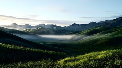 Fototapeta premium Lush green hills and mountains under a bright sky with mist hovering in the valleys, creating a serene landscape. Concept Serene Landscape, Lush Green Hills, Misty Valleys, Bright Sky, Natural Beauty