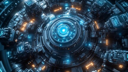 Fototapeta premium A seamless automation network of interconnected gears and robotic arms, illuminated with soft blue LED lights, futuristic factory environment, cybernetic precision, AI-controlled systems,