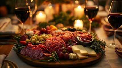 Elegant evening gathering with a charcuterie board and glasses of red wine in a cozy setting