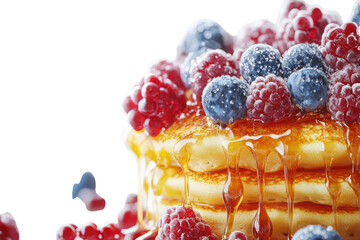 A Delectable Stack Of Golden Pancakes Drizzled With Sweet Maple Syrup, Topped With A Vibrant Mix Of Fresh Raspberries And Blueberries, Creating A Mouthwatering Breakfast Scene Against A Bright Isolate