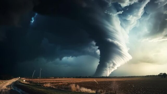 Dramatic video still of a tornado funnel cloud over fields, captured from a low-angle perspective, emphasizing the storm's immense power and scale. Live desktop wallpaper.