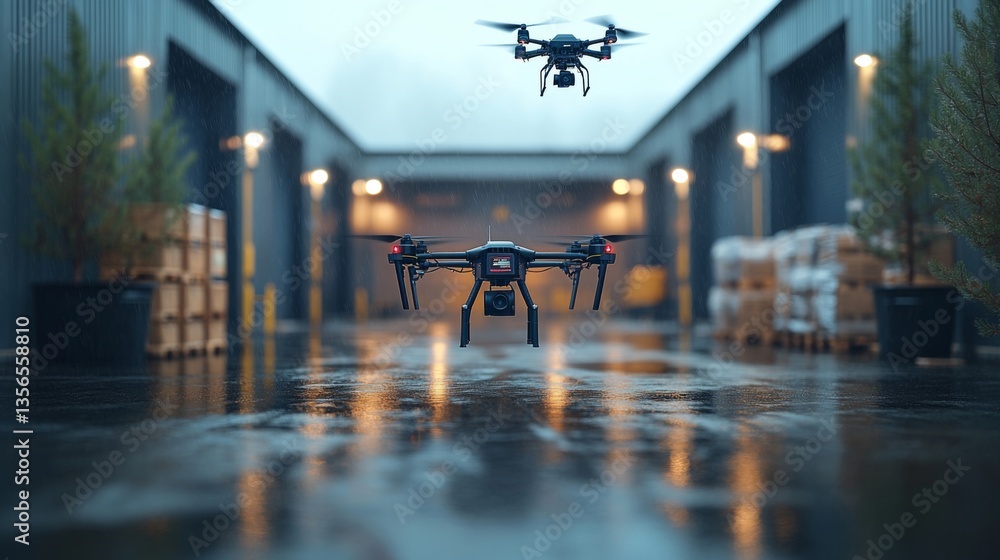 Poster Two drones operate in a warehouse, optimizing logistics and managing inventory. They navigate carefully between stacks of cargo in a modern distribution facility.