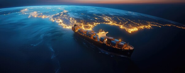 Obraz premium Cargo logistics and freight tracking in global network concept. Cargo ship sailing through illuminated coastal waters at night.