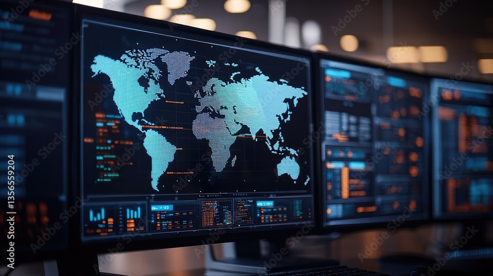 Poster cargo logistics transportation in world map business concept. modern workspace with screens displayi