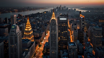 Fototapeta premium New York City skyline at night with lights, skyscrapers, and traffic in a downtown urban view