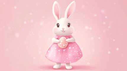 Obraz premium Cartoon cute Easter bunny in pink dress. Greeting card Happy Easter for decorative, banner, poster, card. Vector illustration on white background
