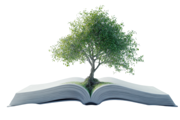A Lush Green Tree Blossoming From The Pages Of An Open Book, Symbolizing Growth, Knowledge, And The Enduring Power Of Stories, Rendered With Soft, Natural Light Isolated on Transparent Background
