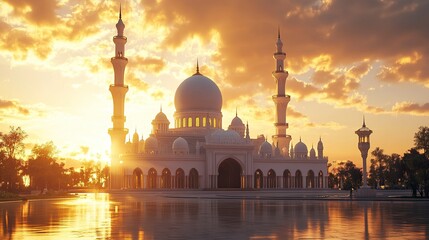 3D mosque with beautiful sunlight and shadow effect on a sunset background, detailed illustration, high resolution, professional photograph. The ultra-high-resolution camera captures the intricate det