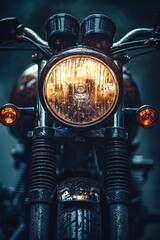 Fototapeta premium Illuminated Ride: Capturing the essence of a vintage motorcycle, highlighting the glowing headlight and the raw, rugged aesthetics of this machine, evoking a sense of freedom and the open road.