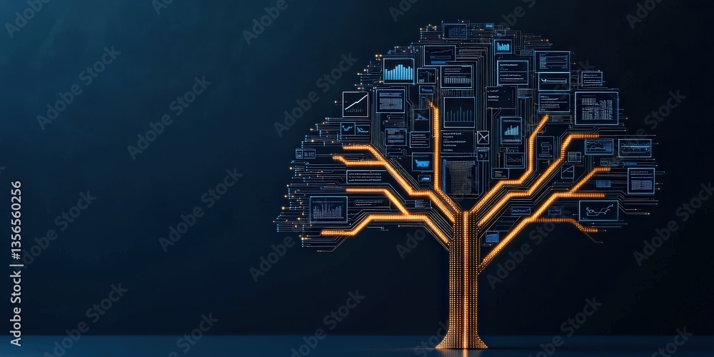 Poster strategic planning vision evaluation concept. digital tree design symbolizing technology and data in