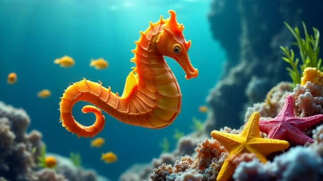 Seahorse among small yellow fish and starfish on the seabed, underwater background