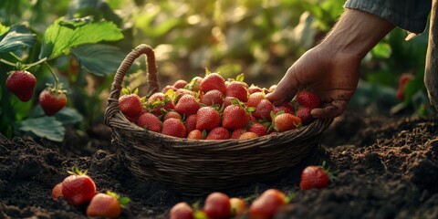 Farmer harvesting fresh strawberries in basket at sunset in cultivated field